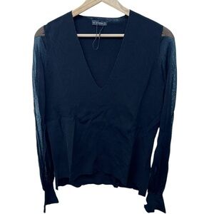 Zara Knit Black V-Neck With Sheer Long Sleeves Pull Over Top Size Medium